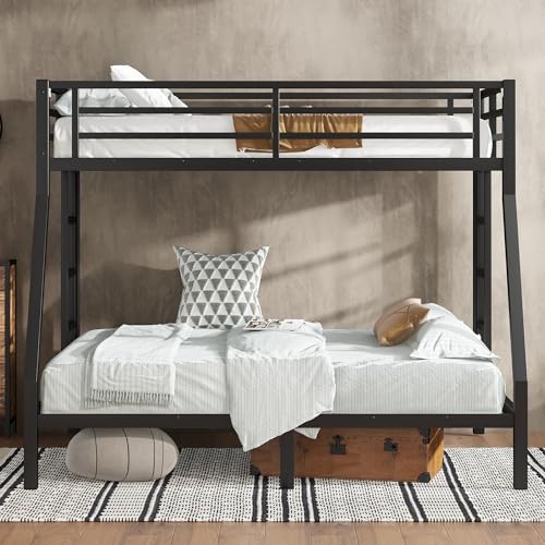 Heavy Duty Bunk Bed Frame with Ladder, Twin XL Over Twin XL Bunk Beds with Safety Guardrails, Adults Bunk Beds with Noise-Reducing Rubber Stoppers, Easy Assemble, Black