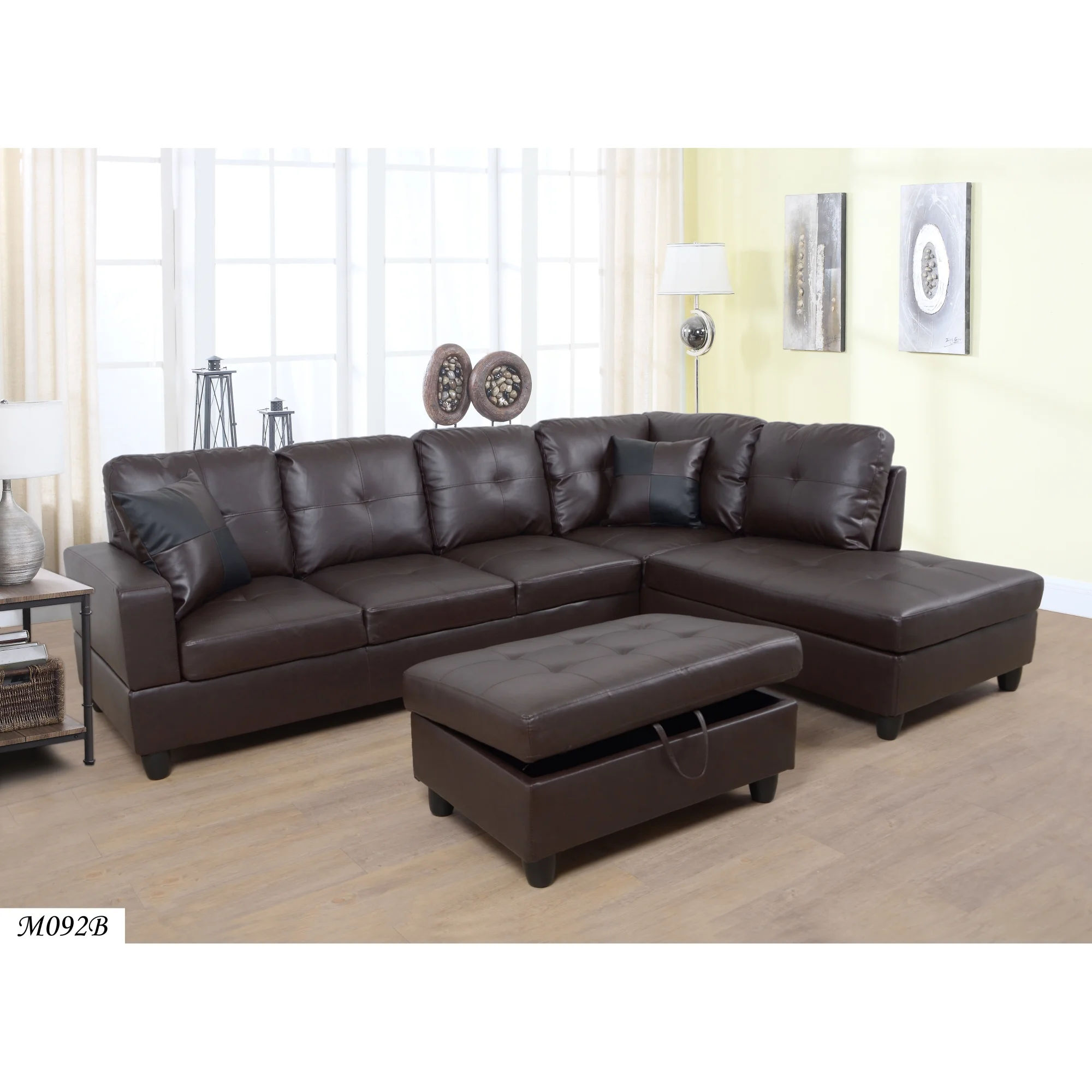 3 Pc Sectional Sofa Set, (Brown) Faux Leather Right -Facing Chaise With Free Storage Ottoman
