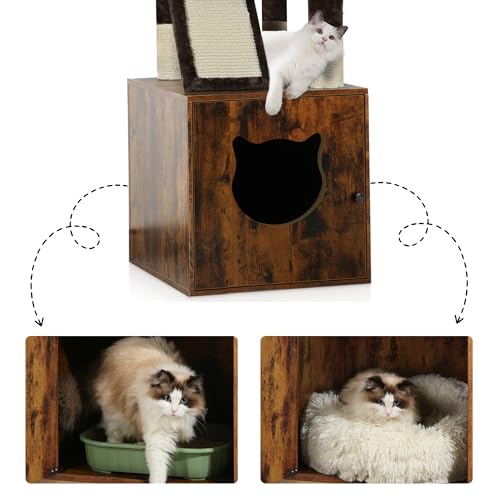 YITAHOME Cat Tree with Litter Box Enclosure, Hidden Cat Litter Box Furniture with Sisal Scratching Post, Wooden Cat House with Basket, Brown