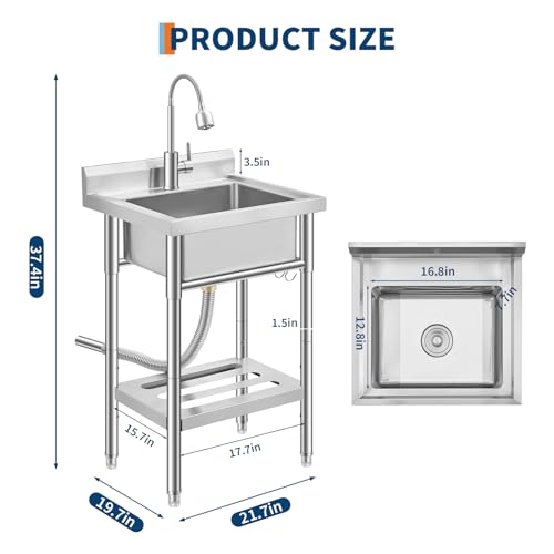 Commercial Stainless Steel Utility Sink with Faucet, Freestanding Laundry Sink with Adjustable Legs, Storage Shelf, Hooks, Backsplash, Hot & Cold Water for Kitchen, Garage, Outdoor, Farm