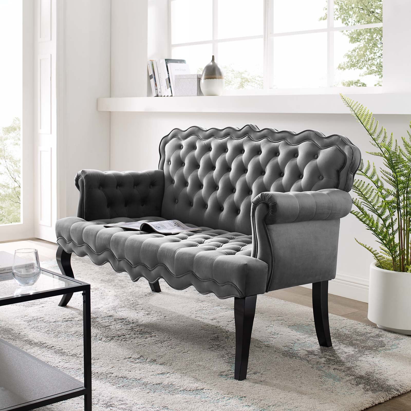 Contemporary Modern Urban Designer Living Room Lounge Club Lobby Loveseat Settee Sofa, Velvet Fabric, Grey Gray