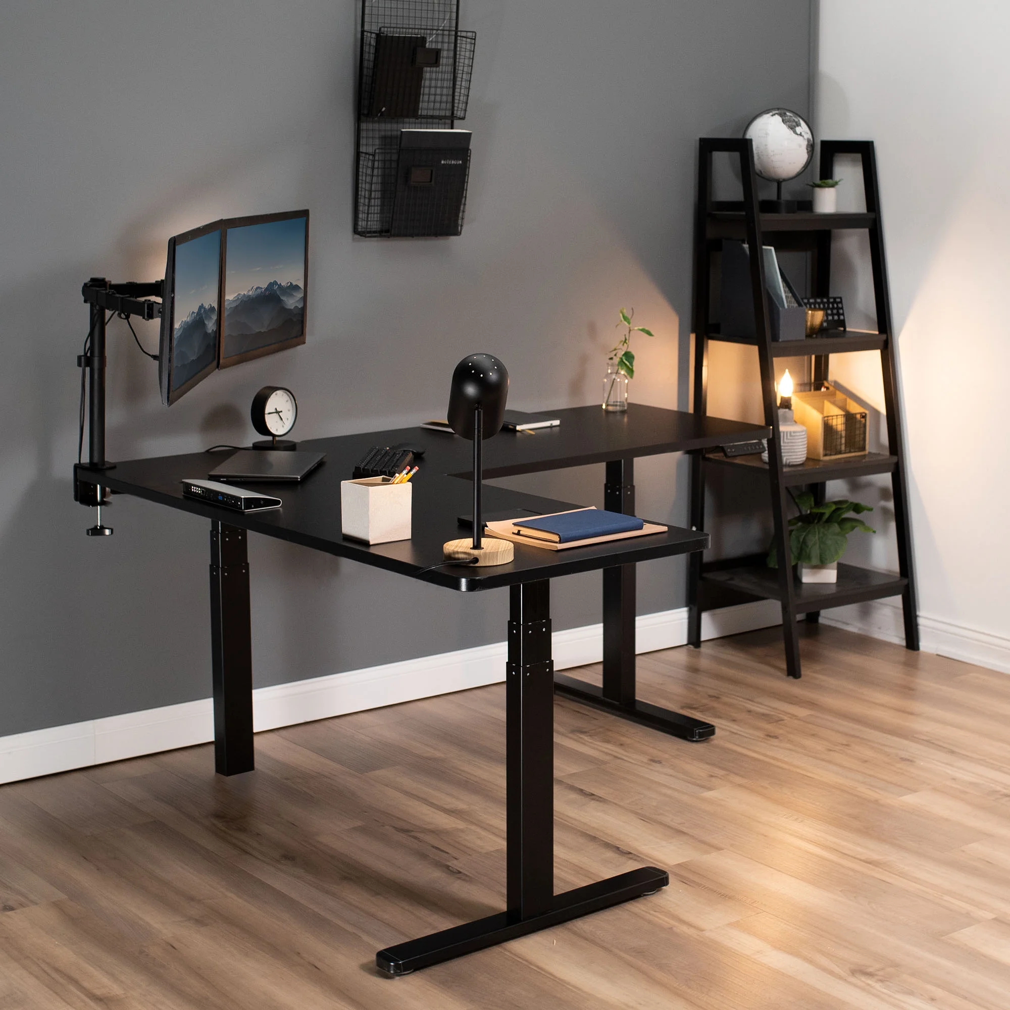 VIVO Electric Stand Up Corner Desk Workstation | Black Table Tops, Black Frame