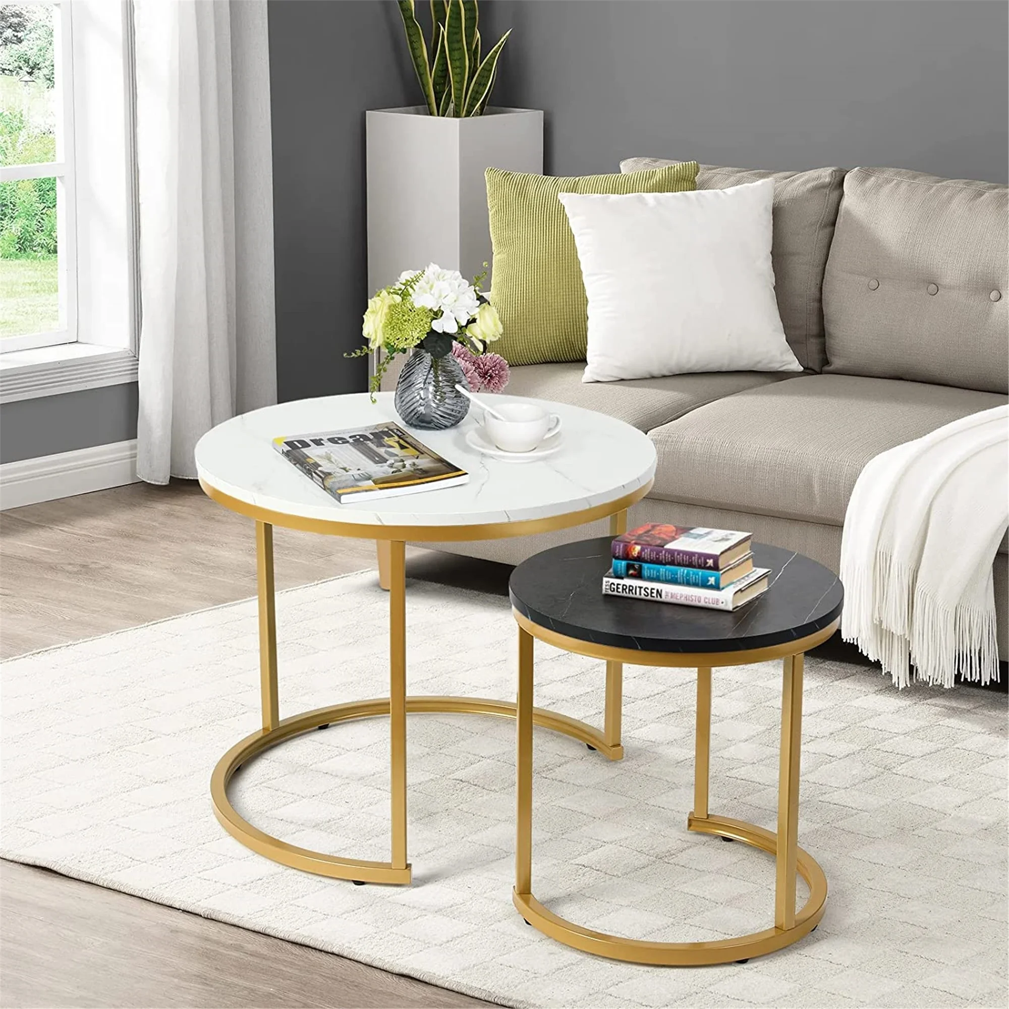 Modern Round Nesting Tables with Metal Frame (Set of 2) (White & Black)