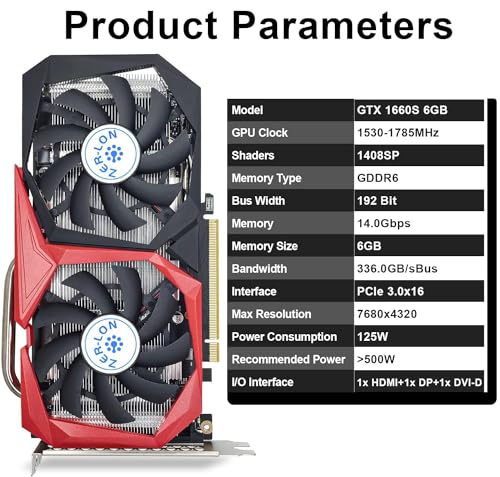 GeForce GTX 1660 Super 6GB Graphics Cards, GDRR6 192Bit PCIE 3.0X16 Computer Gaming Gpu, Dual Freeze Fans Video Card with HDMI/DP/DVI Ports Support 4K and 8K HD