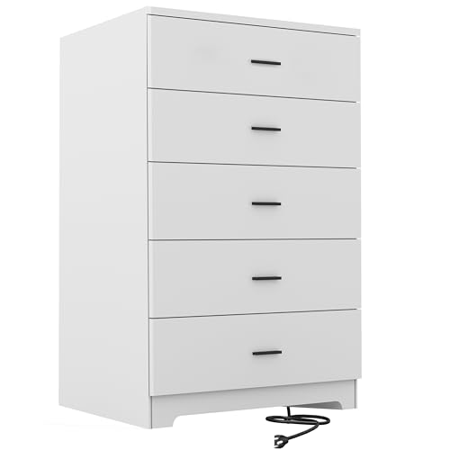 Dresser for Bedroom with Power Outlets Wood 5 Drawer Dresser with Large Storage Space Black Chest of Drawers with Smooth Metal Rail Tall Storage Organizer for Bedroom Living Room Closet