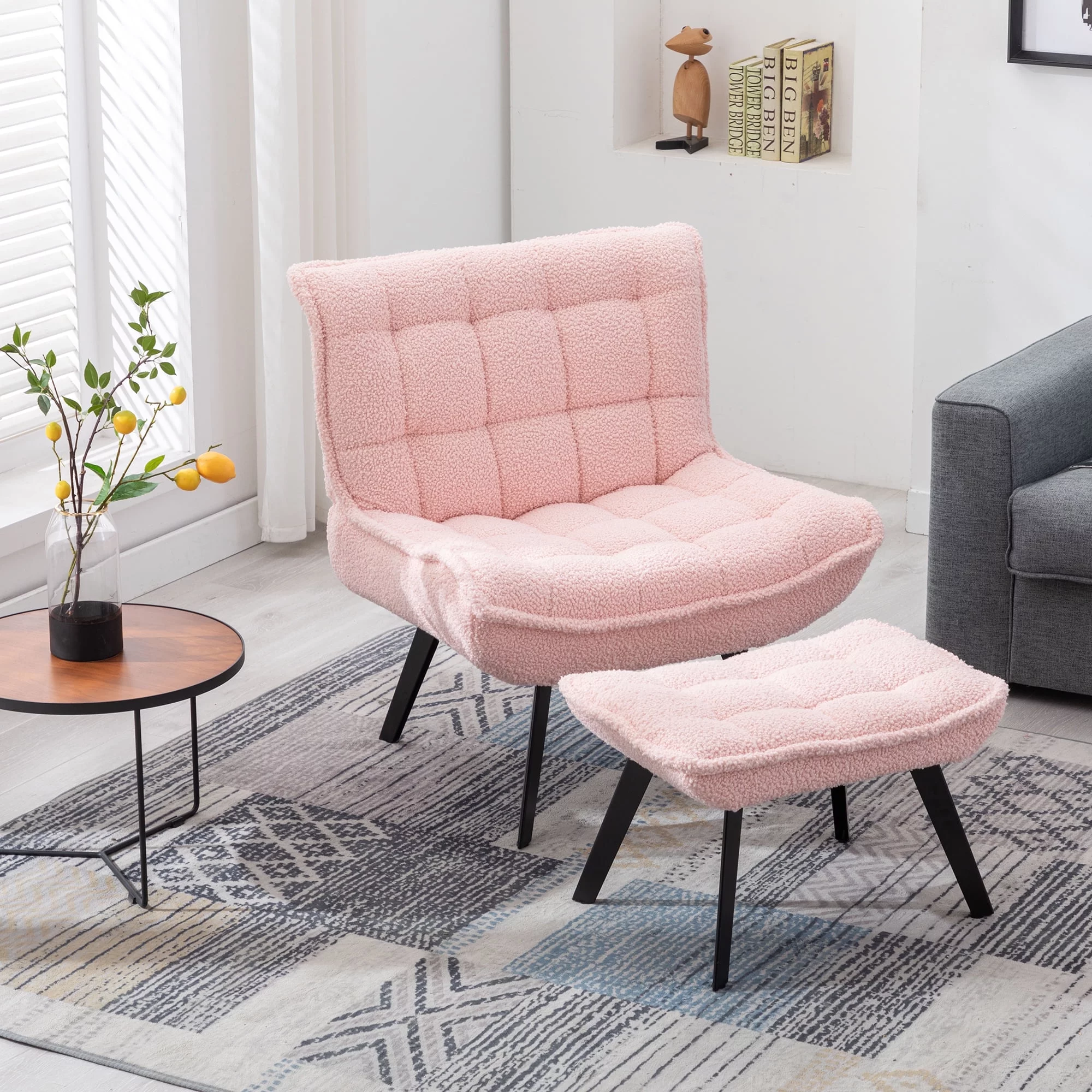 Modern Soft Teddy Fabric Material Large Width Accent Chair Leisure Chair Armchair TV Chair Bedroom Chair With Ottoman Black Legs For Indoor Home And Living Room,Pink