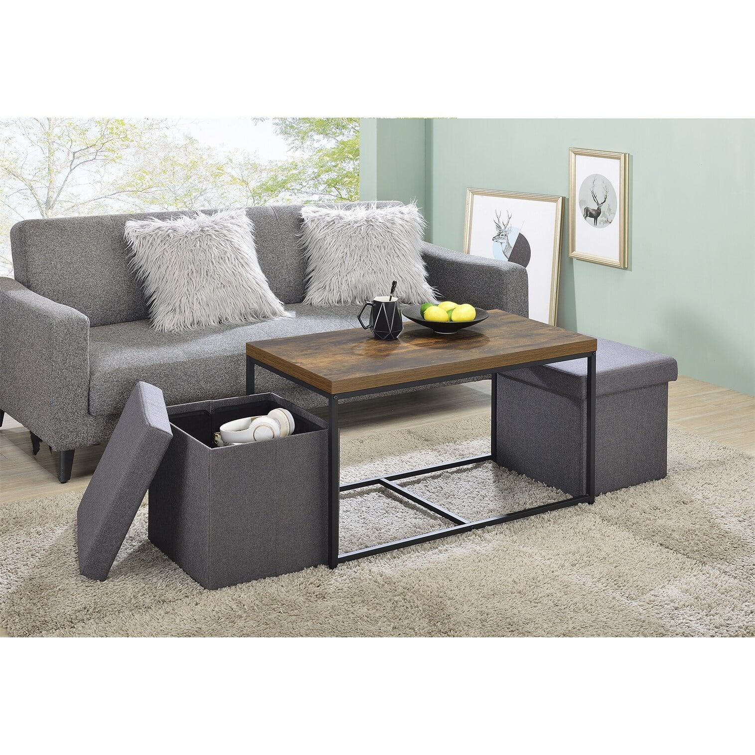 YJTONWIN Oak Wood Grain 3 Piece Coffee Table Set Brown Oak