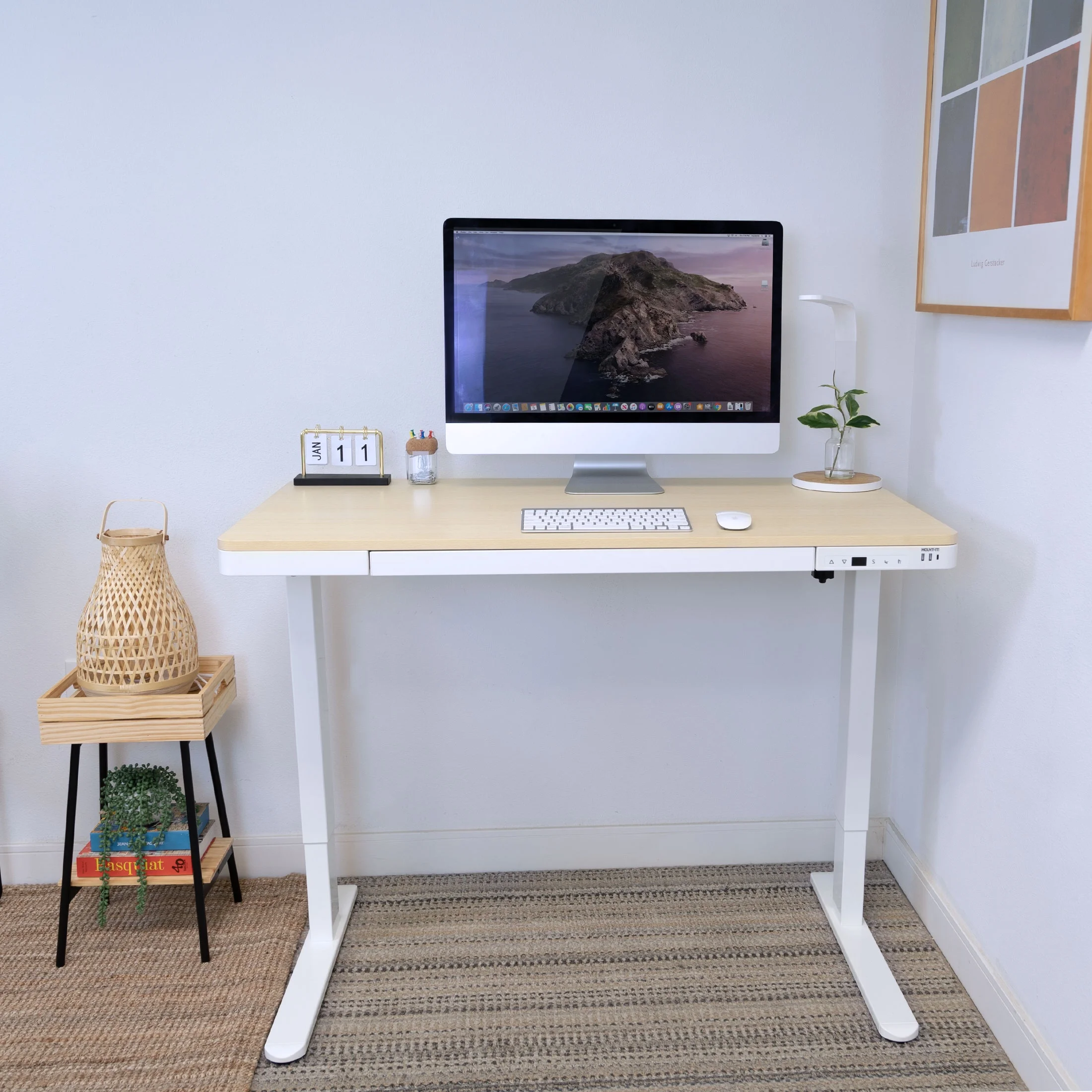 Mount-It! Compact Height Adjustable Sit-Stand Desk with Drawer USB Hub Ergonomic