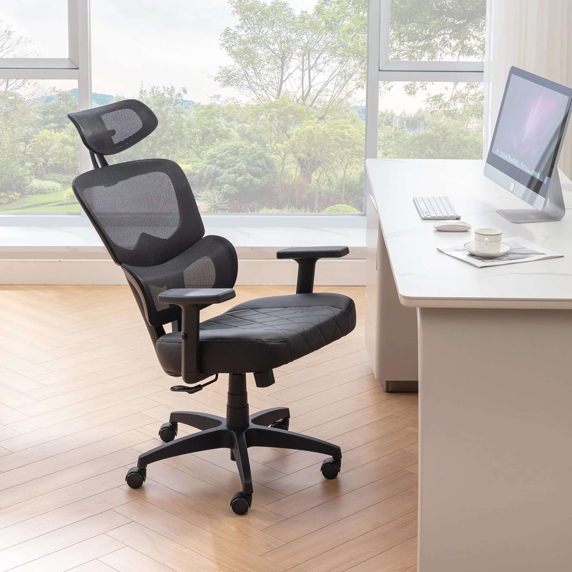 VECELO Ergonomic Office Chair, High Back Desk Chair with Footrest, Mesh Back Rolling Computer Chair, Comfortable Lumbar Support for Home Work, Black