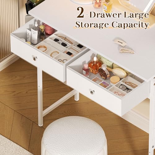 White Vanity Desk with Fabric Drawer, 32 Inch Small Makeup Vanity Desk No Mirror No Chair, Girls Dressing Table with Side Pocket, Modern Vanity Table for Cosmetics, Hair Tools in Bedroom Dressing Room