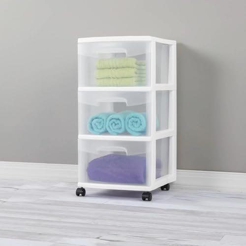 Plastic Storage Drawer Cart, Medium Home Organization Storage Container with 3 Large Drawers w/Removeable Wheels，Set of 1 (White)