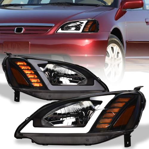 642167826651 Compatible With 2001-2003 Honda Civic 4 Door Sedan / 2 Door Coupe Switchback Sequential LED Strip Bar Headlights With Signal Amber - Black