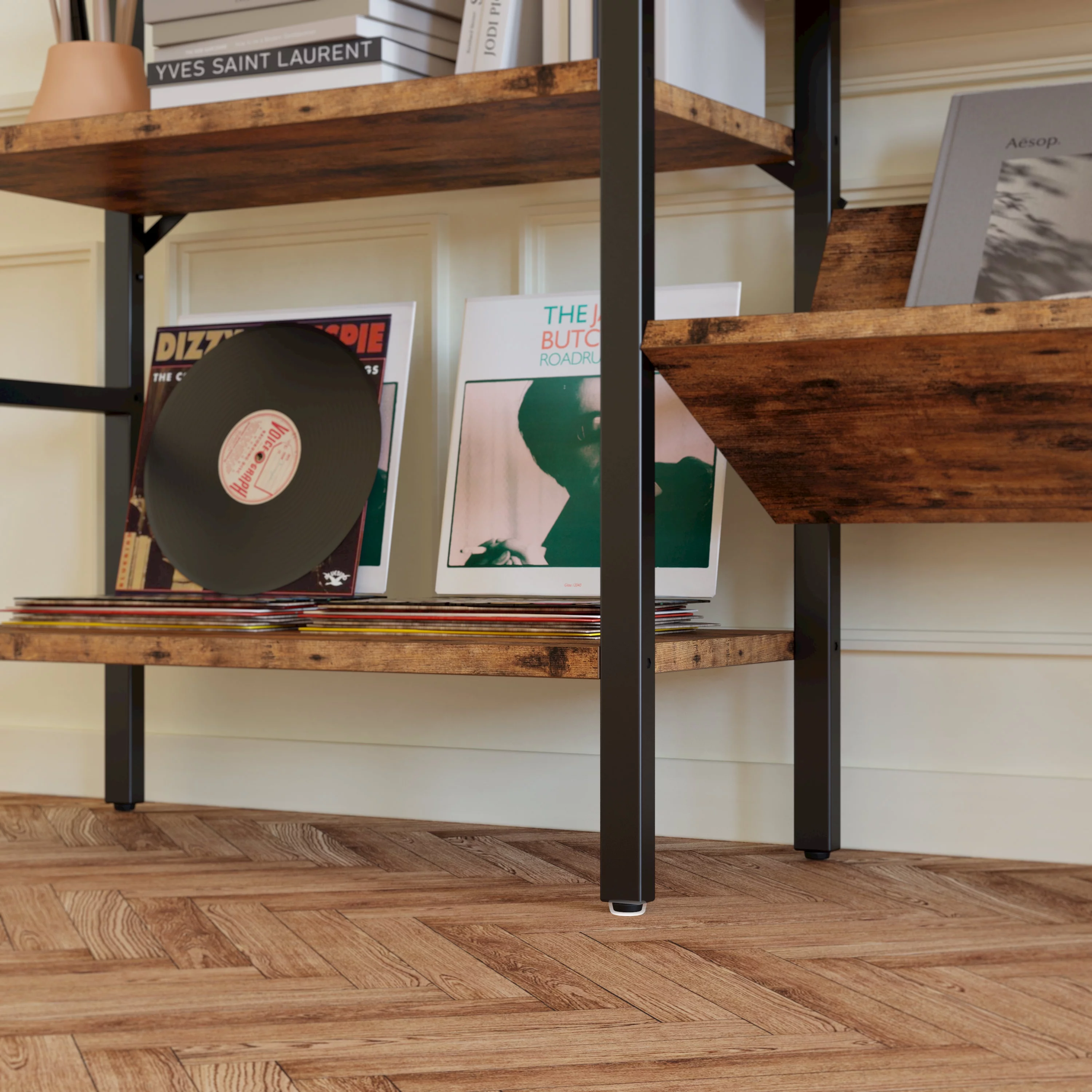 IRONCK Industrial Bookshelves Triple Wide 6 Tiers, Large Etagere Bookshelf Open Record Player Bookcase with Metal Frame for Living Room Home Office