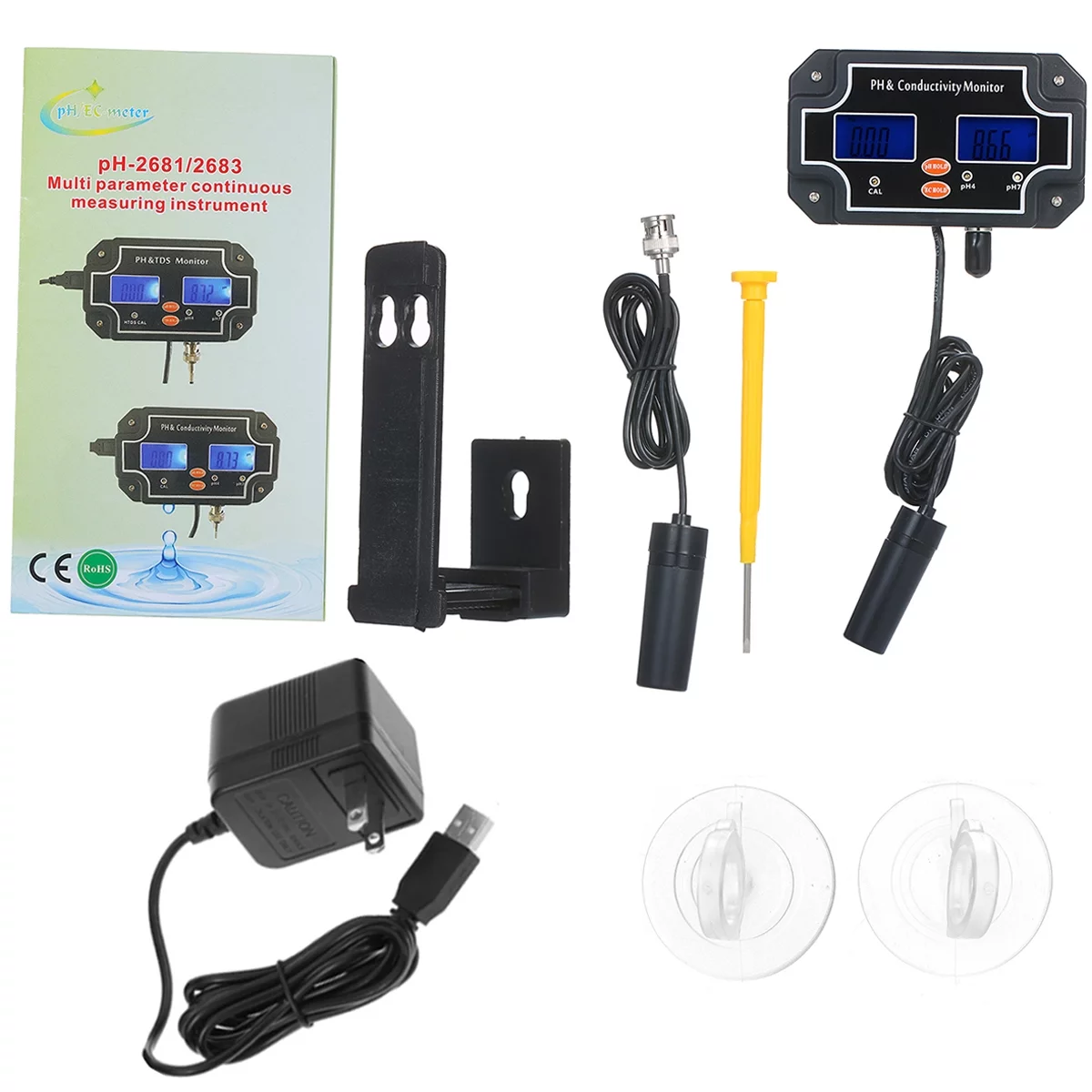 Tomshoo 2 in 1 pHEC Meter Waterproof Double Display Tester Black Plug PHEC-2681