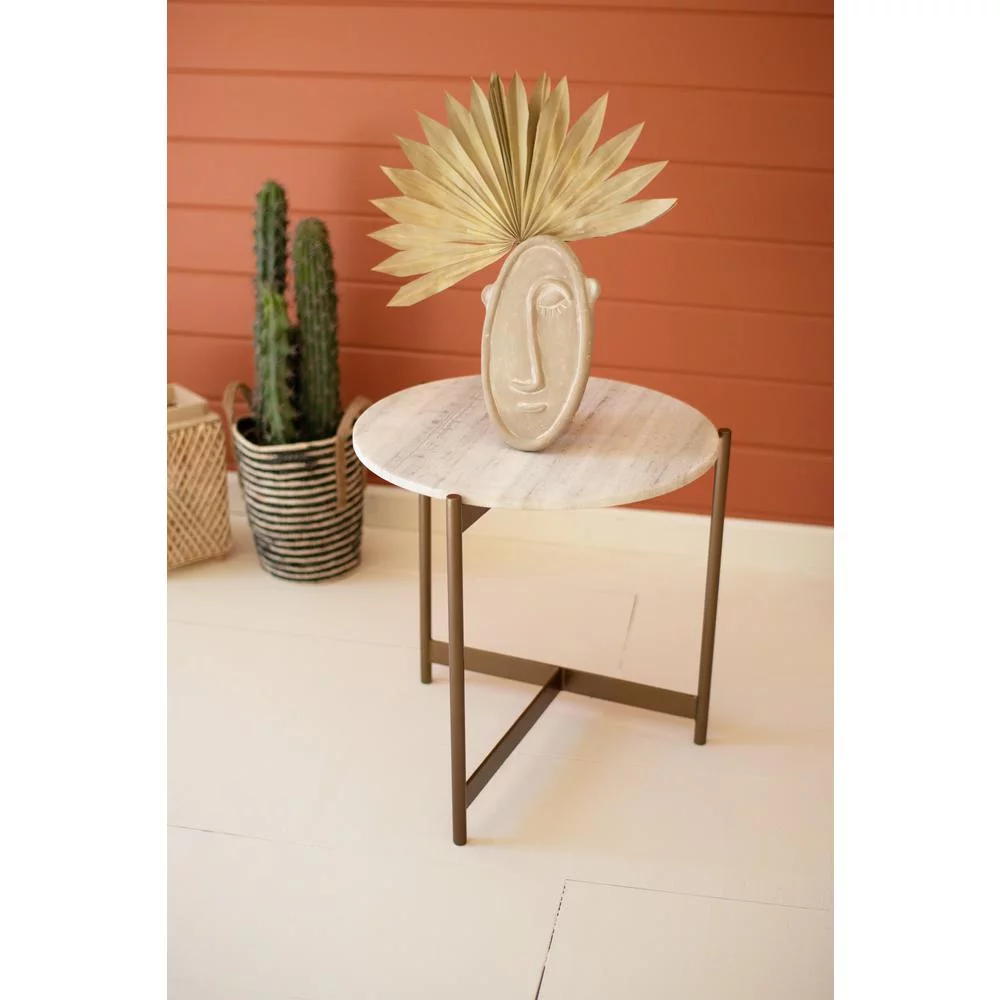 Iron Side Table With Marble Top Brass/White