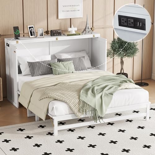 Queen Murphy Bed Cabinet, Murphy Bed Queen with Storage Drawer & Charging Station, USB Port, Solid Pine Wall Beds for Home Office, Studio or Guest Room, White