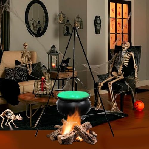 Halloween Witches Cauldron Outdoor, Large Witches Cauldron on Tripod with Light, Plastic Witches Bowl Candy Bucket Halloween Decorations for Porch Yard Lawn (51.8 inches)