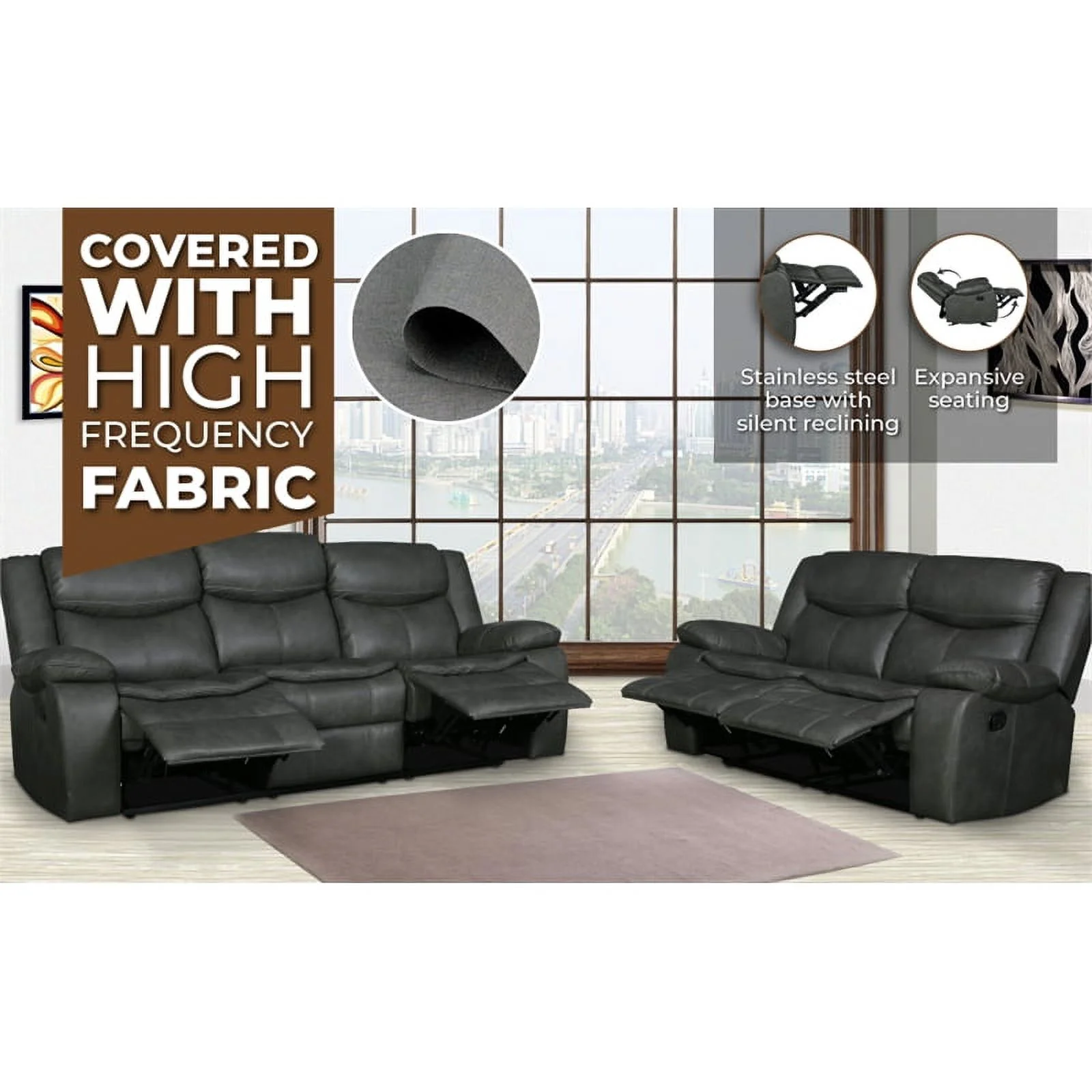 Titan Furnishings Transitional Faux Leather Reclining Sofa Set in Gray