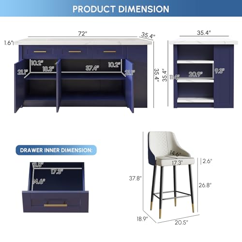 homary 72'' Kitchen Islands with Storage Modern White Kitchen Table with Seating & 3 Drawers Dining Table