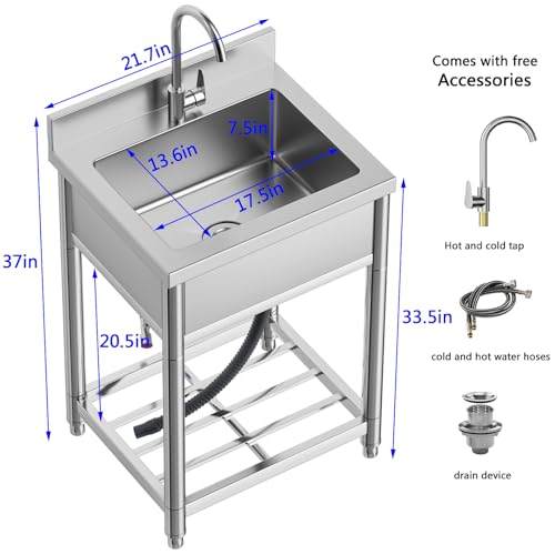 Stainless Steel Commercial Kitchen Sink, Free Standing, Single Bowl Sink Basin with Cold & Hot Water Faucet, Indoor and Outdoor Sink, 21.7 in