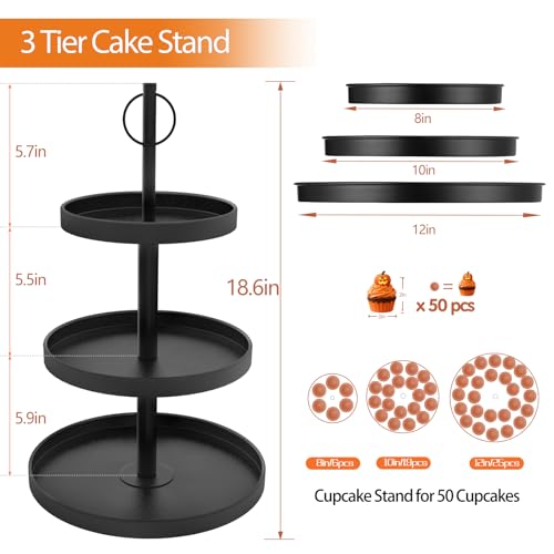 Cupcake Stand for 50 Cupcakes, Halloween Cupcake Stand 2 PACK Metal 3 Tier Cupcake Tower Black Tiered Tray Stand Cupcake Holder Stand Cake Stand Serving Trays Dessert Stands with Handle for Party