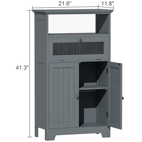ChooChoo Bathroom Floor Storage Cabinet with Flip Glass Drawer, Freestanding with 2 Doors, Adjustable Shelf & 1 Open Storage for Living Room, Hallway, Navy Blue