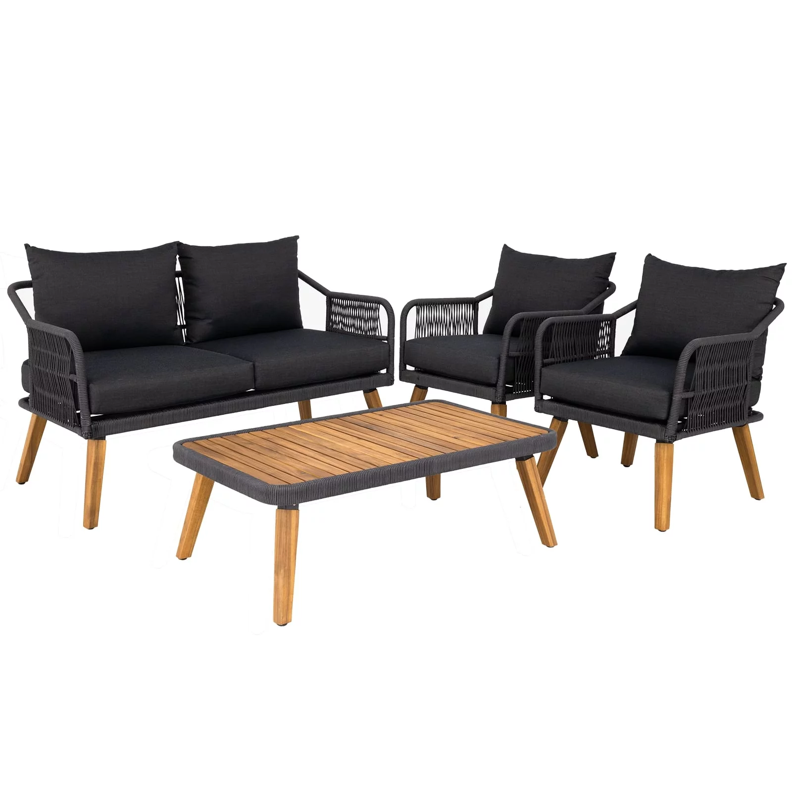 Aile Serene Wood Wicker Patio Conversation Set of 4, Thick Soft Cushions (Obsidian)