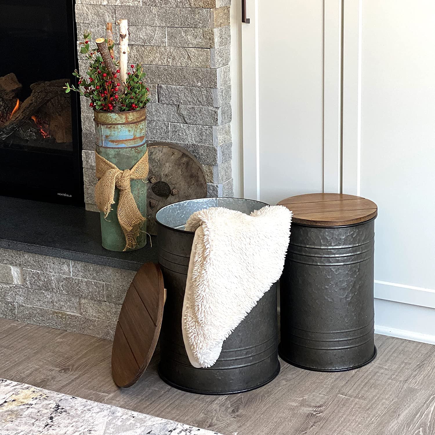Farmhouse Side Table  Ottoman Set - 2pk Galvanized Metal Barrel Living Room Blanket