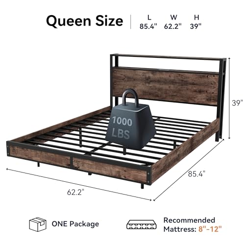 Full Size Bed Frame with Storage Headboard, Sturdy Metal Platform Bed Frame with LED Lights and Charging Station, Easy Assembly, No Box Spring Needed, Noise Free, Rustic Brown