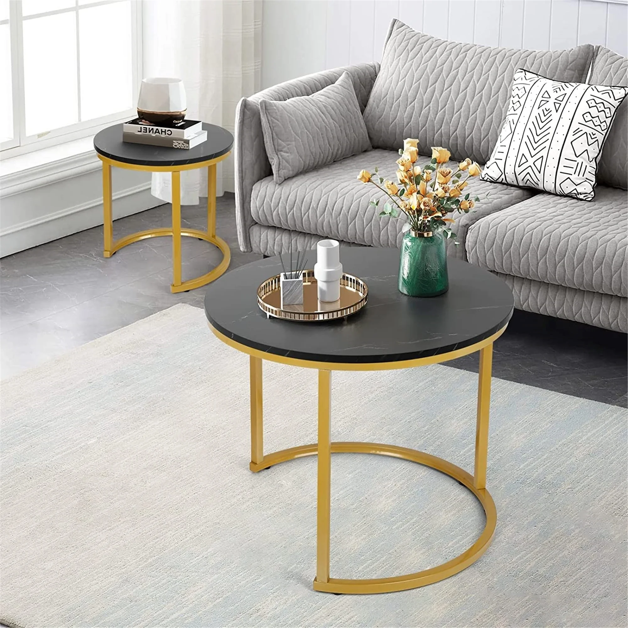 Modern Round Nesting Tables with Metal Frame (Set of 2) (White & Black)