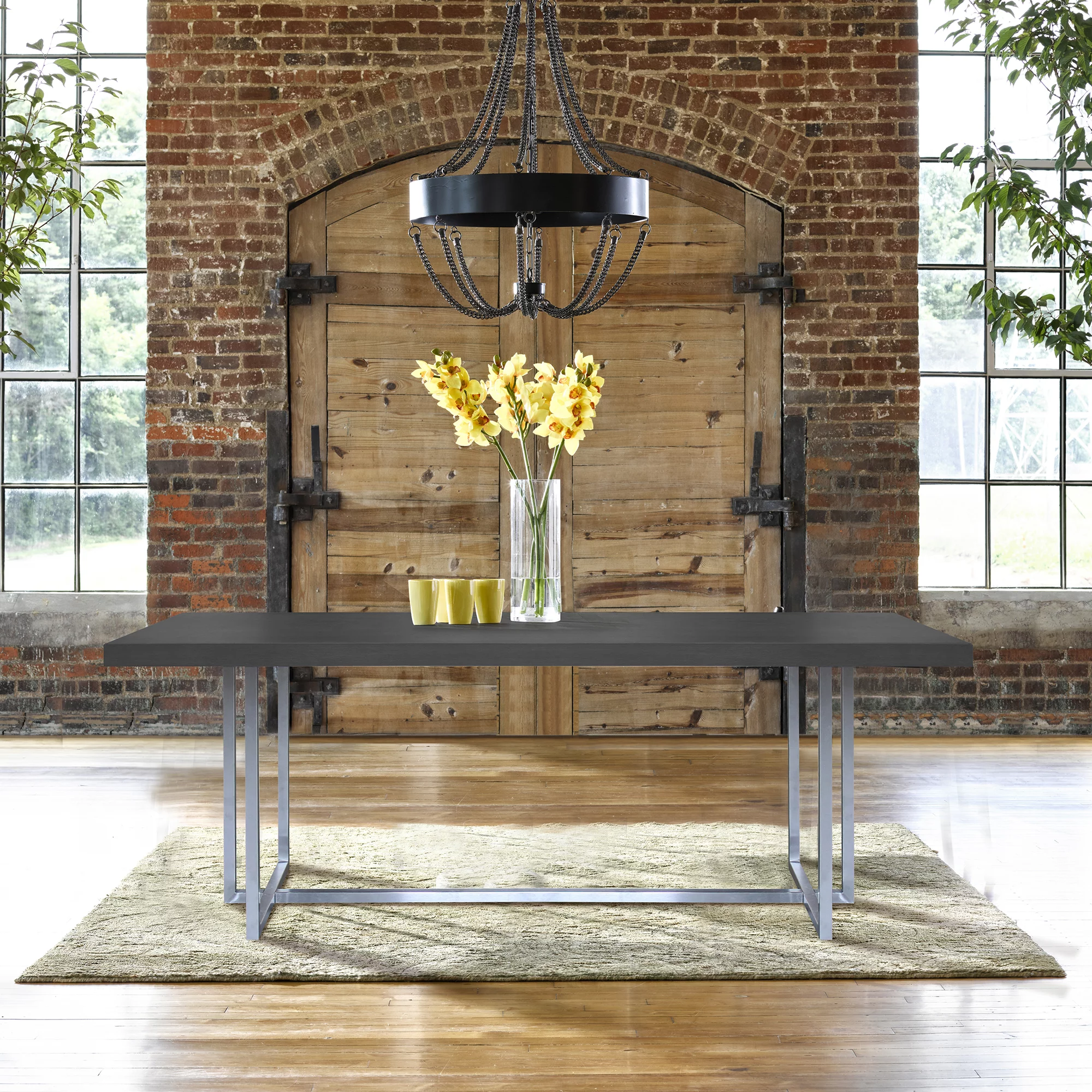 Opal Contemporary Dining Table With Grey Top-Finish:Brushed Stainless Steel,Material:Brushed Stainless Steel