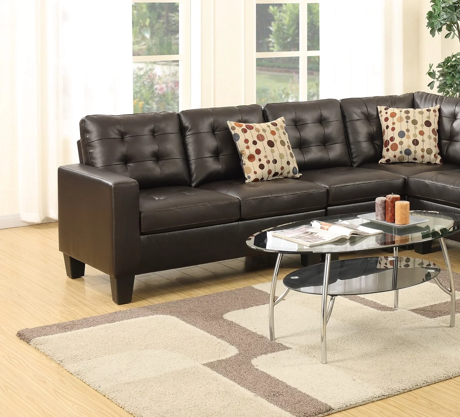 Living Room Sectional Sofa Modern Espresso 4pcs Set Bonded Leather Modular Sectionals Sleek Tufted Love-seat Corner Wedge Chair