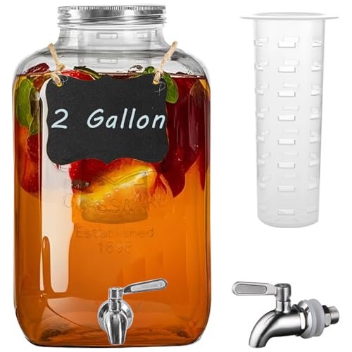 1 Gallon Glass Drink Dispenser with Stand,2 Pack Glass Beverage Dispenser with Stainless Steel Spigot,Water Lemonade Dispenser for Parties