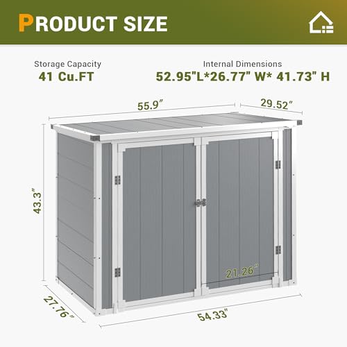 UDPATIO Storage Resin Shed Outdoor 41 Cu.Ft Weatherproof Tool Storage Sheds with Floor Thickened, Gas Spring, Lockable Doors for Trash Can Storage Suitable for Patios, Deck,Poolside (Grey)