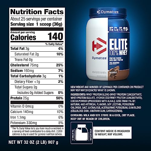 Dymatize Elite 100% Whey Protein Powder, Vanilla, 25g of Protein, 5.5g BCAAs, Less Than 140 Cal., Gluten Free, 2g Carb, 2g Sugar, 3g Fat (67 Servings)