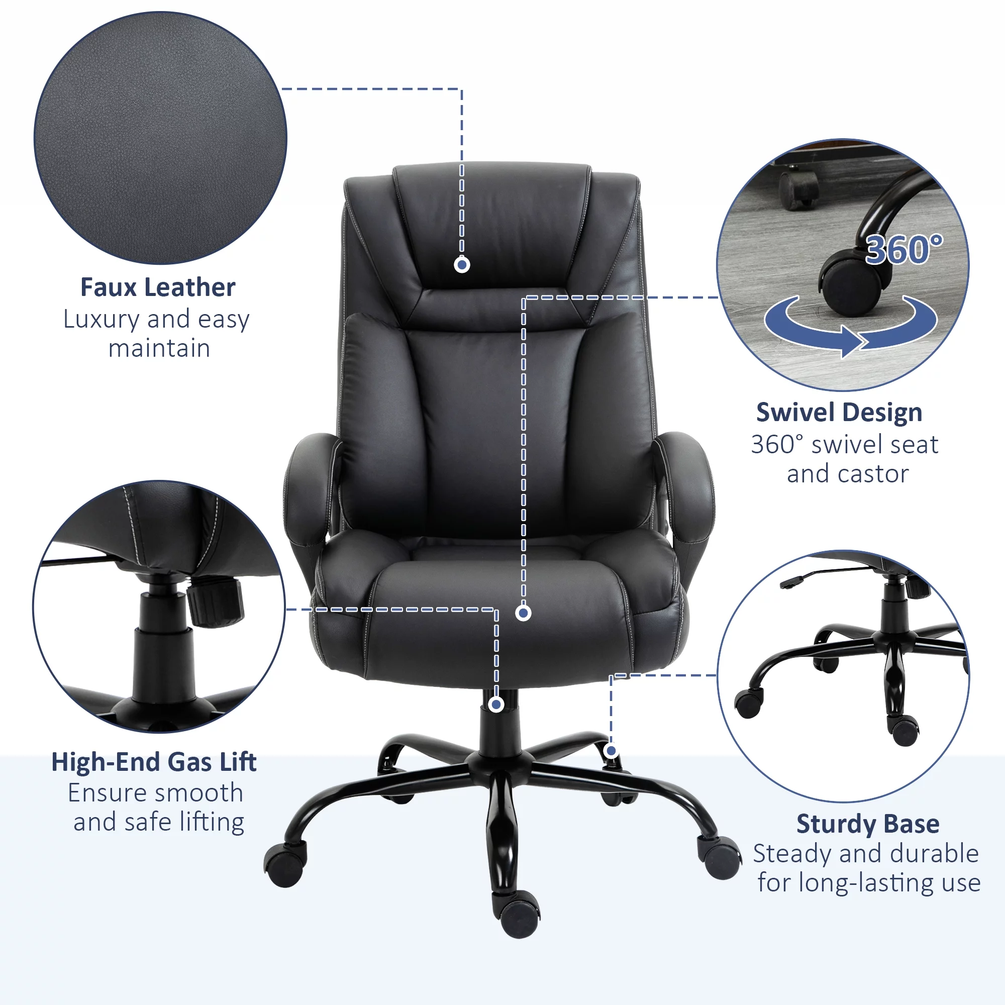 Vinsetto Big and Tall Executive Office Chair 400lbs Computer Desk Chair with High Back PU Leather Ergonomic Upholstery, Adjustable Height and Swivel Wheels, Black