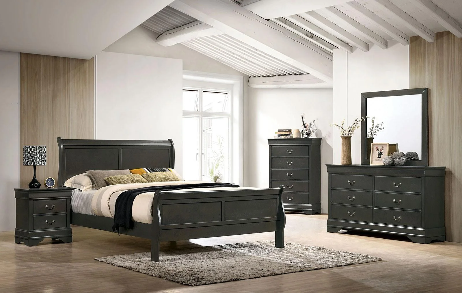 Transitional Gray Solid Wood CAL Bedroom Set 5pcs FOA CM7966GY Louis Philippe