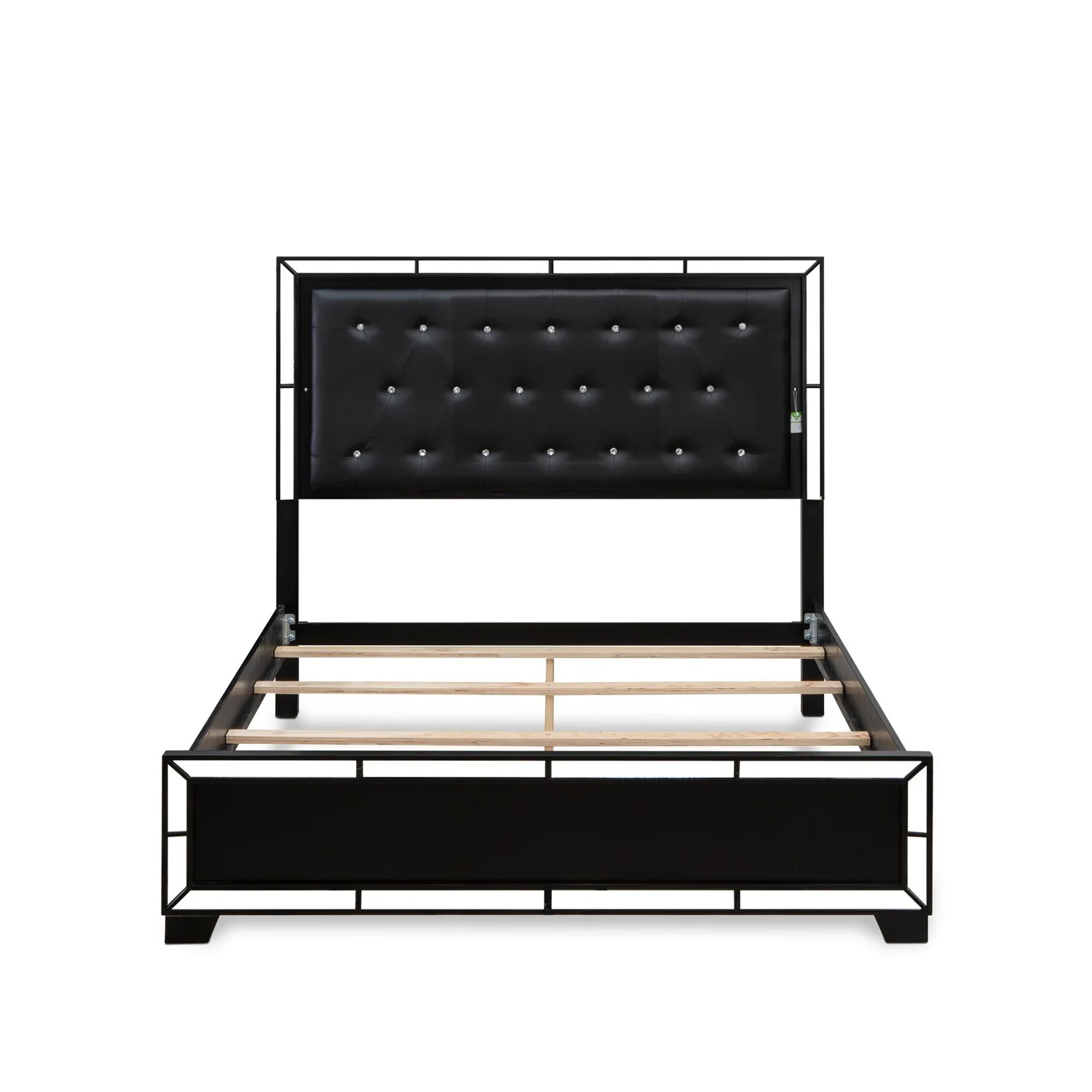 HomeStock 3Pc Bedroom Set With Button Tufted Asian Aesthetics Bedframe And 2 Mid Century Modern Nightstands Black Leather Headboard And Black Legs