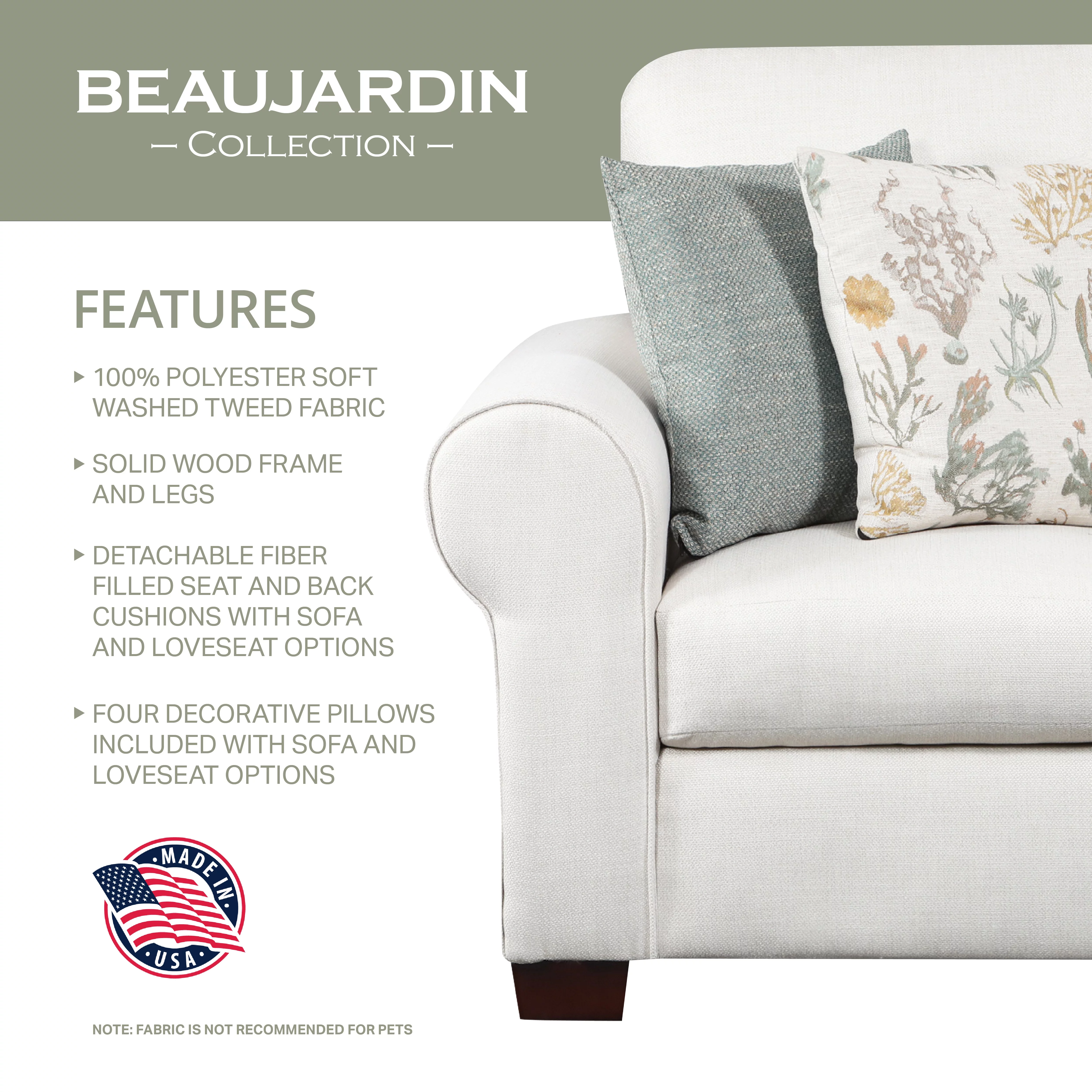 American Furniture Classics Model 8605-41 Beaujardin Sofa Sleeper with Four Throw Pillows