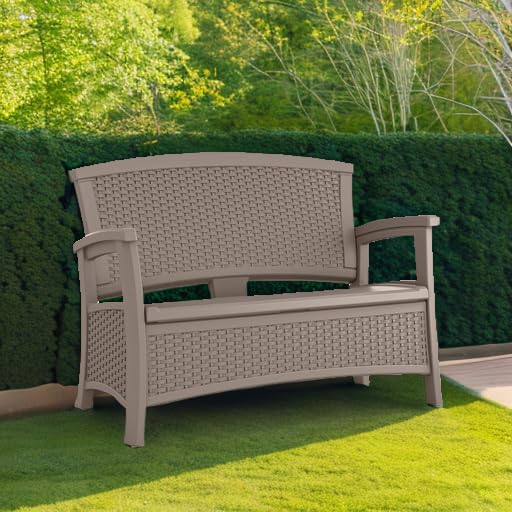 Suncast Elements Stylish Lightweight Loveseat Outdoor Seating with Convenient Built In Universal Storage, and All Weather Plastic, White