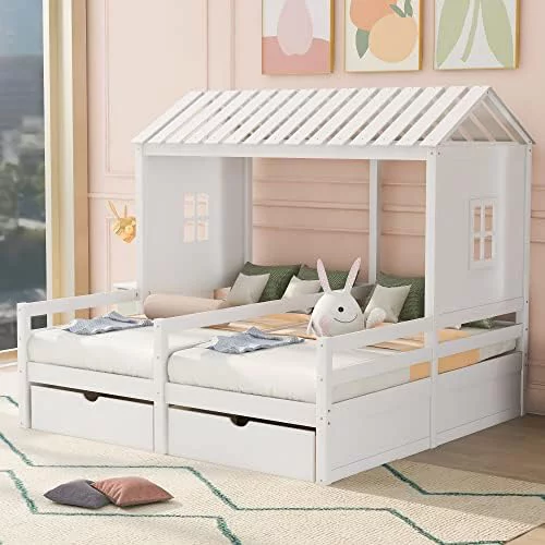 House Bed With 2 Platform Beds, Wood Double Beds Frame With 2 Storage Drawers, Roof, Windows, Guardrail, 2 In 1 Bed No Box Spring Needed (White)