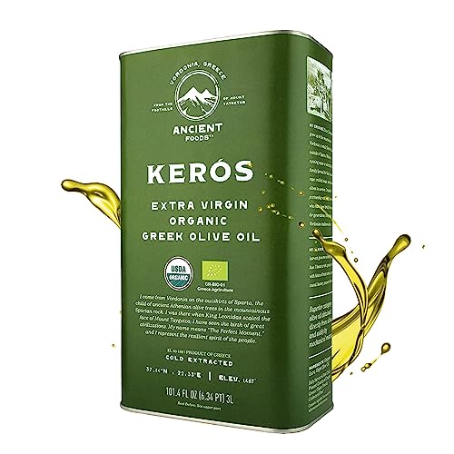Ancient Foods Keros Greek Organic Extra Virgin Olive Oil – Cold Pressed Olive Oil from Greece, High Phenolic Organic Olive Oil from 1000 Year Old Trees (33.8oz, 1L)