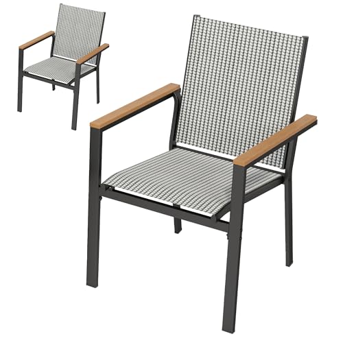 DWVO Stackable Patio Chairs Set of 2, All-Weather Patio Seating with Olefin Fabric and Faux Wood Armrests, Black & White Plaid Pattern