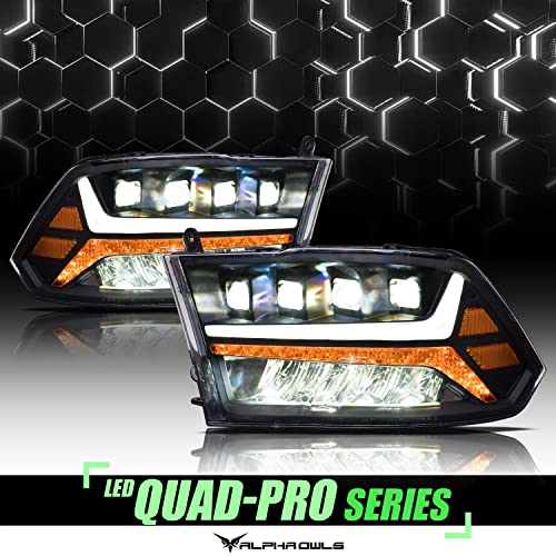 Alpha Owls 8710401 Crystal Headlights With Switchback Sequential LED Light Bar & Startup Light - Black Amber Fits 2009-2018 Dodge Ram 1500 2500 3500/2019-2023 Classic Halogen Models