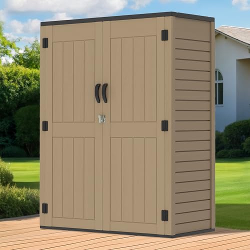 GOOBED Vertical Outdoor Storage Shed, 59 Cubic Feet Resin Tall Shed, Lockable Waterproof Tool Organizer for Garden, Garage, Patio, No Shelves (Brown)