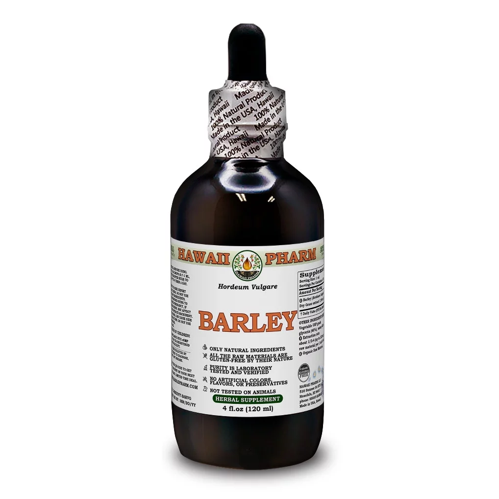 Barley (Hordeum Vulgare) Dry Grass ALCOHOL-FREE Liquid Extract. Expertly Extracted by Trusted HawaiiPharm Brand. Absolutely Natural. Proudly made in USA. Glycerite 4 Fl.Oz