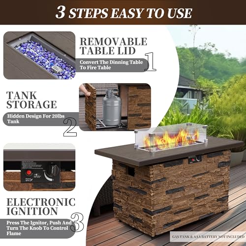 43¡± Propane Fire Pit Table Outdoor Rectangular Stone Firepit Table 50,000 Btu Propane Fire Tables for Outside Patio with Glass Wind Guard, Lid, Fire Glass Beads,Buff Rock Look