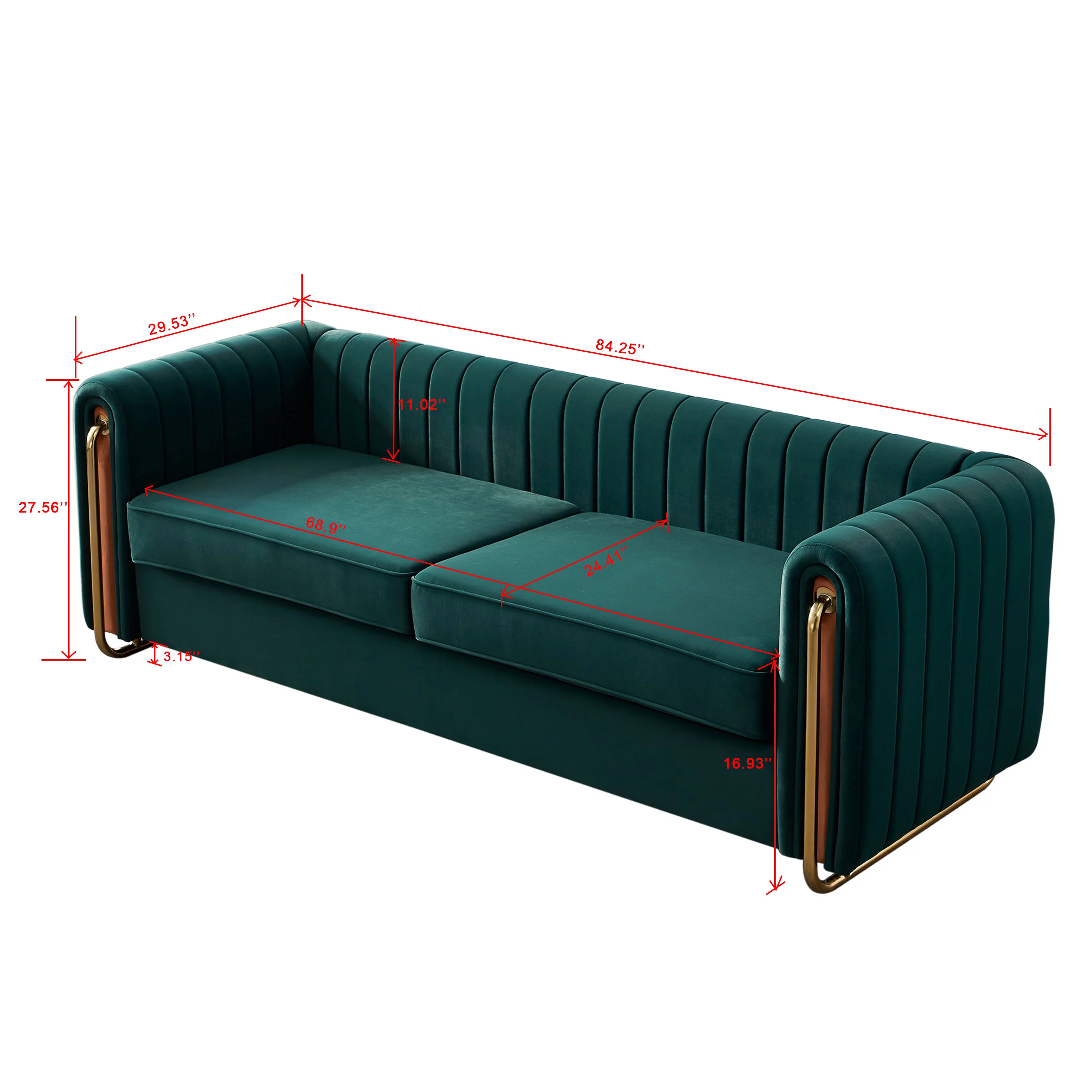Sofa Couch for Living Room Comfy Couches Tufted Luxury Velvet Furniture, 2 Big Seating, 84 inches, Green
