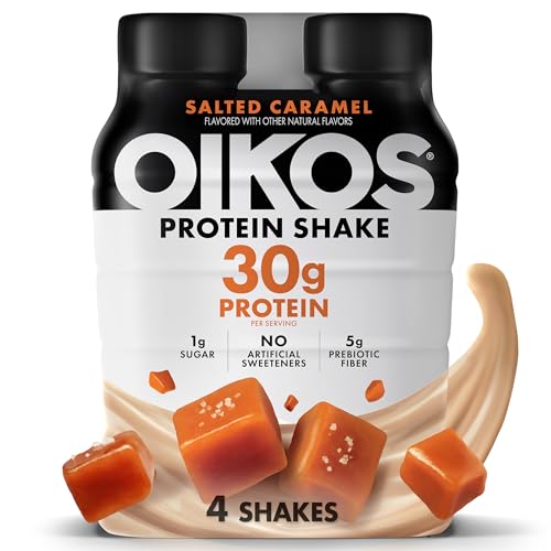 Oikos Protein Shake, Salted Caramel, 30g High Protein Drinks, Shelf Stable, Ready to Drink, 5g Prebiotic Fiber, 12 fl oz Bottle, 12 Count