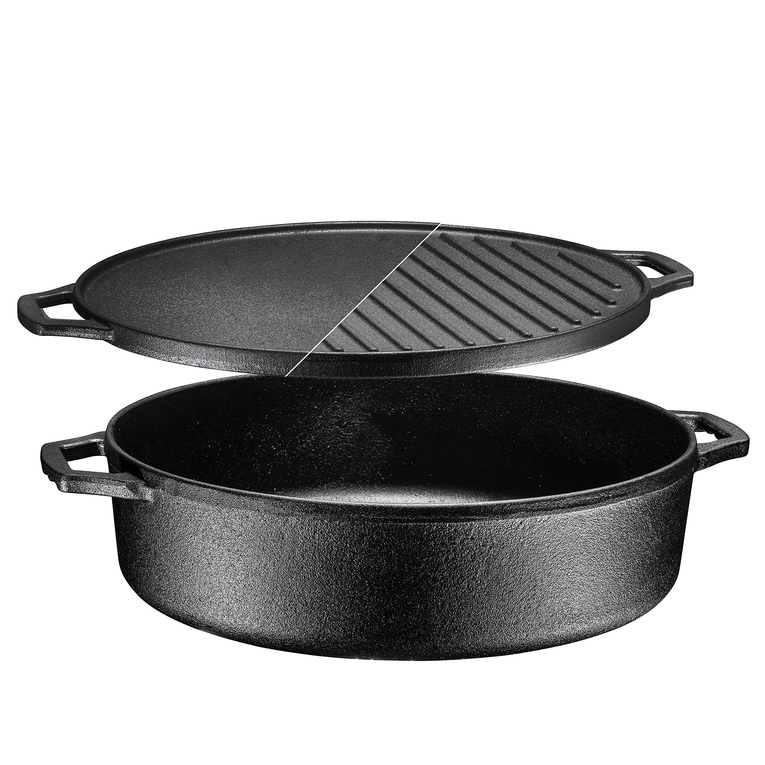 3-In-1 Pre-Seasoned Cast Iron Round Deep Roasting Pan With Reversible Grill Griddle Lid, 6.8 Quart